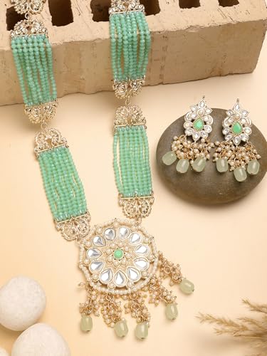 Image of Karatcart Gold Plated Green Crystal and Pearl Studded Kundan Rani-Haar Necklace Set for Women