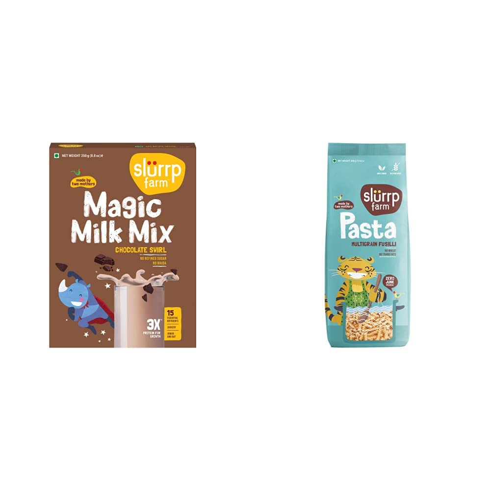 Slurrp Farm High Protein Chocolate Swirl Milk Mix | 250g & Slurrp Farm No Maida Mini Fusilli Pasta | Vegan, Gluten Free & Multigrain | Healthy Pasta Made with Brown Rice and Corn | 400 g