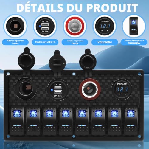 Voltmètre numérique et double USB sur panneau d'interrupteur étanche 12V Geloo - 3