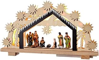 WeRChristmas Pre-Lit Wooden Nativity Scene Illuminated with 8 Warm LED Lights, 26 cm - Large, Multi-Colour
