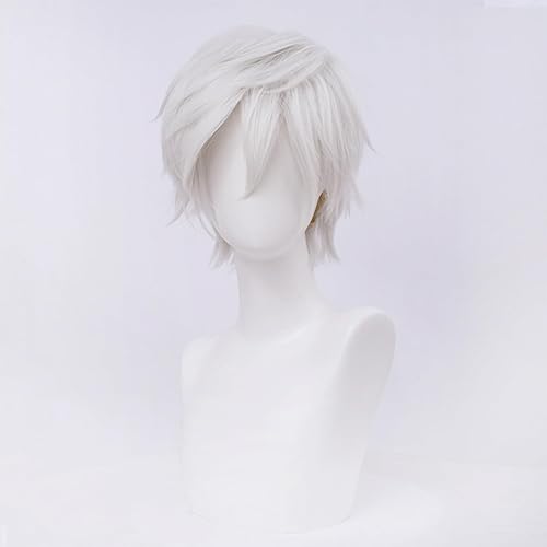 Alacos Peluca corta de moda con puntas de anime para cosplay, unisex, básica, nueva peluca de disfraz masculino + gorra de peluca (A-plateado blanco)