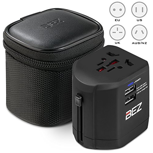 BEZ® Adattatore Universale Viaggio, Adattatore Spina Internazionale da Viaggio per con 2 Porte Caricabatterie USB Adatto e 2 Fusibile di Sicurezza per più di 150 Paesi [UK, USA, EU, AU] - Nero