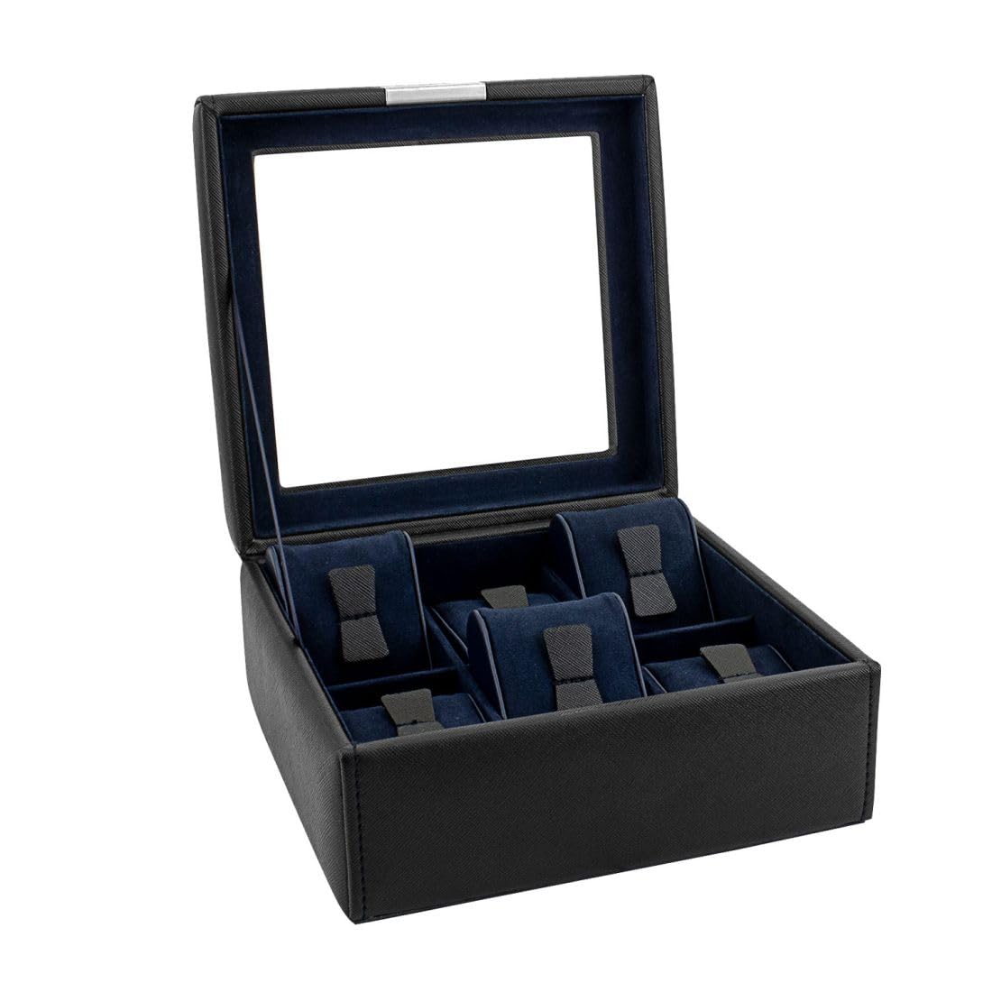 Friedrich23 Uhrenkoffer – Uhrenkasten Cross Grain mit Glasdeckel in schwarz – Platz für 6 Uhren – Feinsynthetik