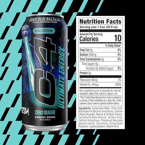 Image of C4 Ultimate Energy Drink, 300mg Caffeine, Zero Sugar, High-Performance Energy for Pre-Workout, Endurance, and Focus, Sour Blue Razzilla, 16oz (Pack of 12)