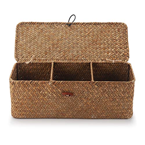 DOKOT Seagrass Woven Storage Basket with Lid, Rectangular Narrow Tampon Toilet Tank Organizer - Image 7