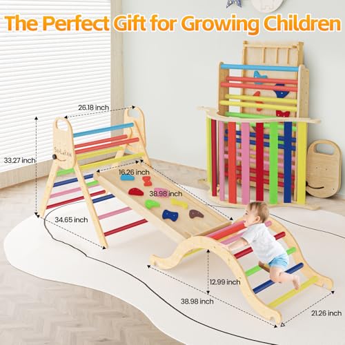 Image of Sehloran Large Size 8 in 1 Pikler Triangle Set with Pinball Game and Tent for Kids, Foldable Toddler Climbing Toys Indoor, Natural Wooden Montessori Climbing Set Jungle Gym with Arch&Ramp&Ladder