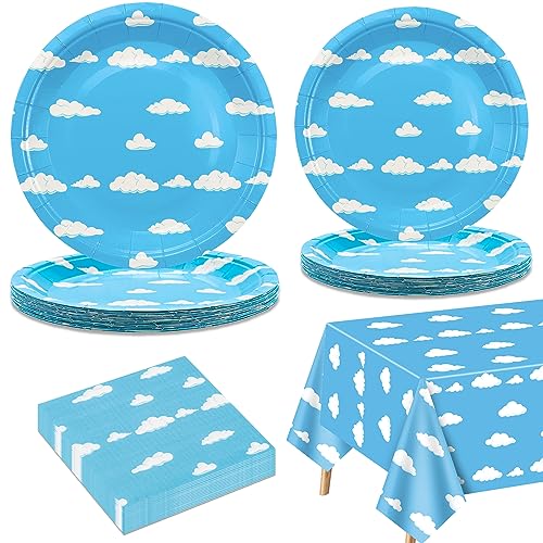 Décorations de fête pour 20 invités - Ensemble de vaisselle comprenant des assiettes en carton, une nappe ciel bleu, des serviettes pour fête d'anniversaire d'enfants, une fête prénatale