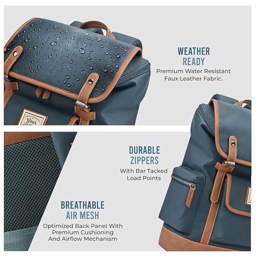 Image of Gear Classic 16.5 inch /21L Medium Water Resistant Faux Leather Anti Theft Knapsack | Laptop Bag | Casual Bag | Travel Bag for Men /Women (Teal - Tan)