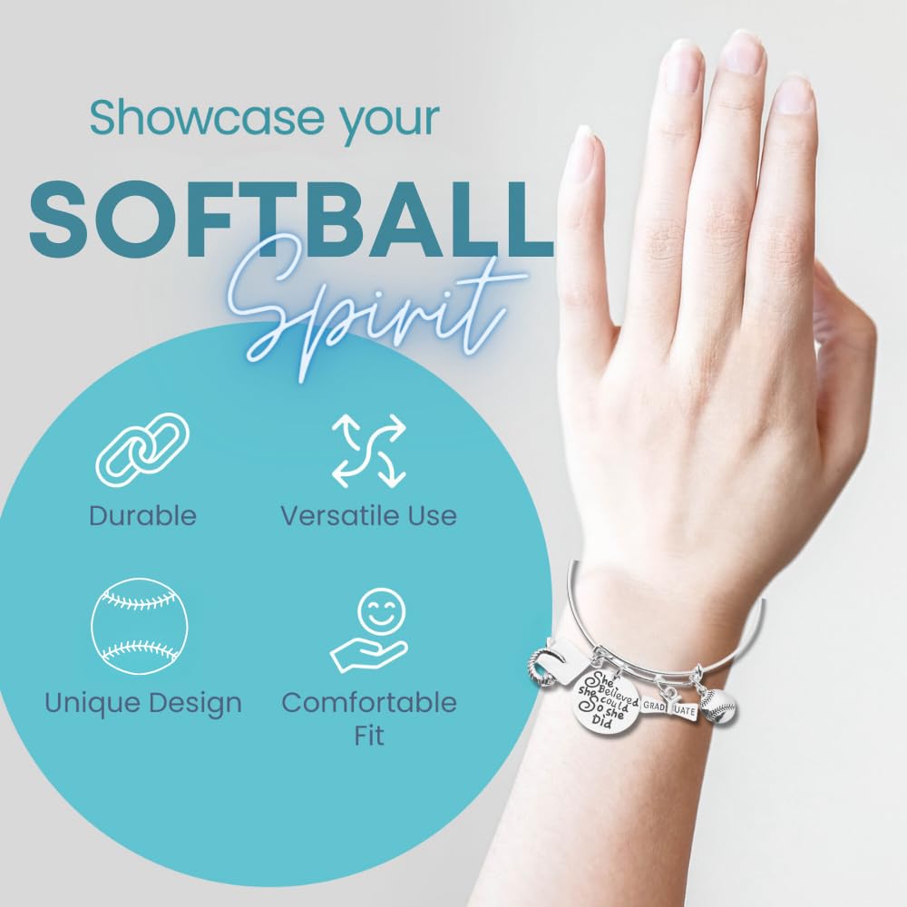 Sportybella Graduation Softball Charm Bracelet, Adjustable Silver Bangle with She Believed She Could So She Did and Graduation Charms, Jewelry & Gifts for Graduates and Players