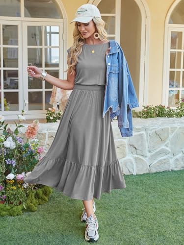 Image of Kikibell Womens Summer Dresses Cap Sleeve Elastic Waist Midi Dress with Pocket Long Causal Sundress Beach Vacation Outfits