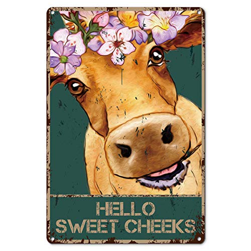 Funny Bathroom Quote Metal Tin Sign Wall Decor - Vintage Hello Sweet Cheeks Cow with Flowers Tin Sign for Toilet Bathroom WC Washroom Decor Gifts - Best Farmhouse Decor Gift 8x12 Inch (silver)