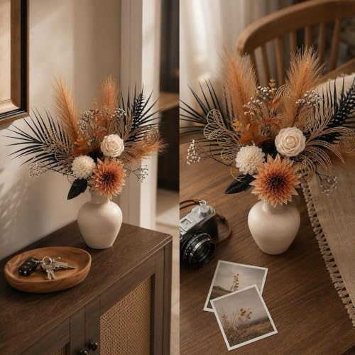 Image of Black Gold artificial flower bouquet,15pcs Fall Home Decor Floral Art | Silk Flowers, Include Palm Leaves,Pampas,Rose,for Living Room,Vase Center Filling,Office, Festival Decor (Vase Not Included)
