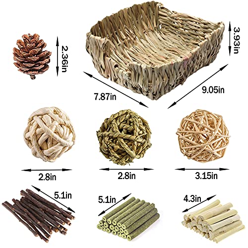 Hamiledyi Rabbit Grass Bed For Bunny, 21 Pcs Rabbit Chew Toys For Teeth Grinding Sweet Bamboo Timothy Stick Woven Grass Ball Pine Cone Natural Straw Bedding For Guinea Pig Hamster Chinchilla #TOP6