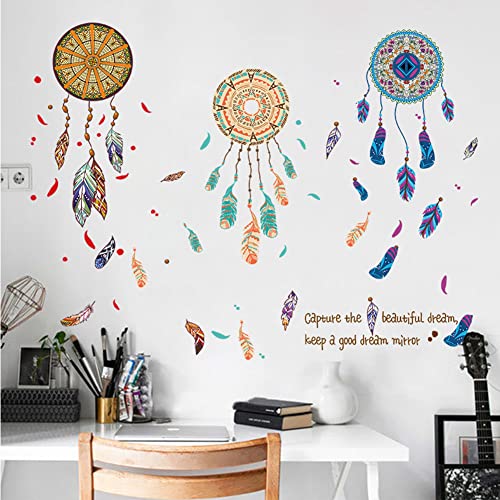 Dream Catcher Wall Decals Colourful Feather Wall Stickers Peel And Stick Removable Art Mural For Bedroom Kids Room Nursery Living Room Office Home Decoration #TOP1