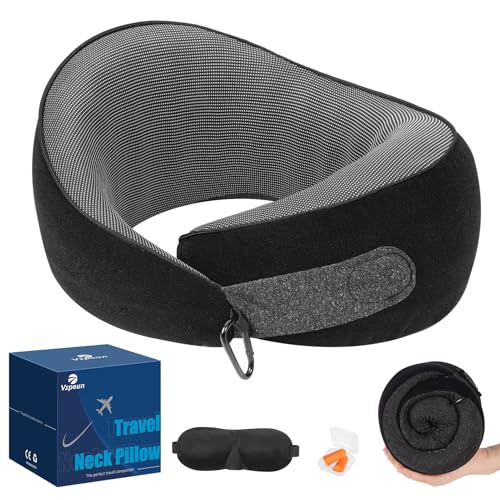 Vzpeun Travel Pillow, Memory Foam Neck Pillow Airplane for Long Flights, Portable Plane Cars Sleeping Travel Accessories with Eye Masks Earplugs (Black)