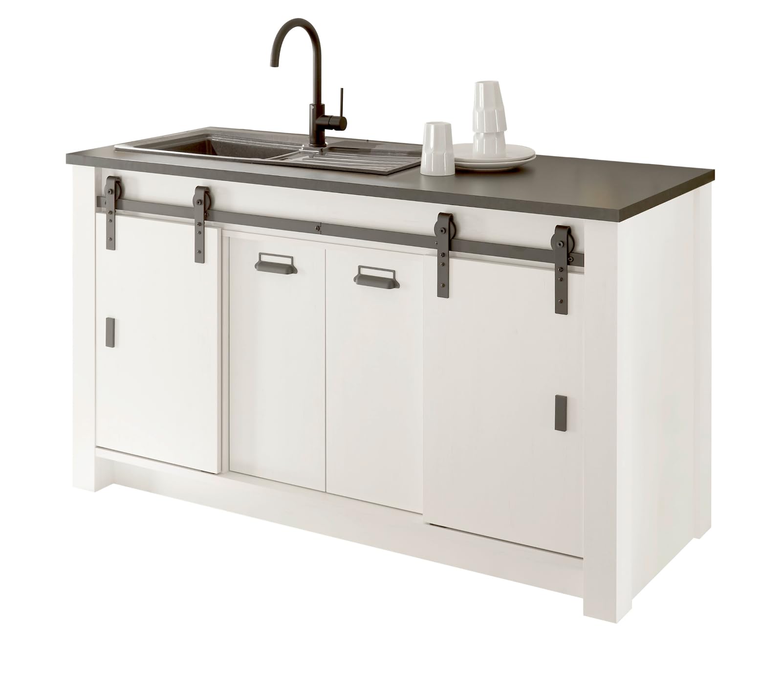 Küchenschrank Küchenunterschrank in weiß Pinie und schwarz/anthrazit Küche Unterschrank für Spüle oder Kochfeld mit Arbeitsplatte ohne Ausschnitte im Industrial Design 161 x 93 cm Stove (Mittel) Küche, Haushalt & Wohnen
