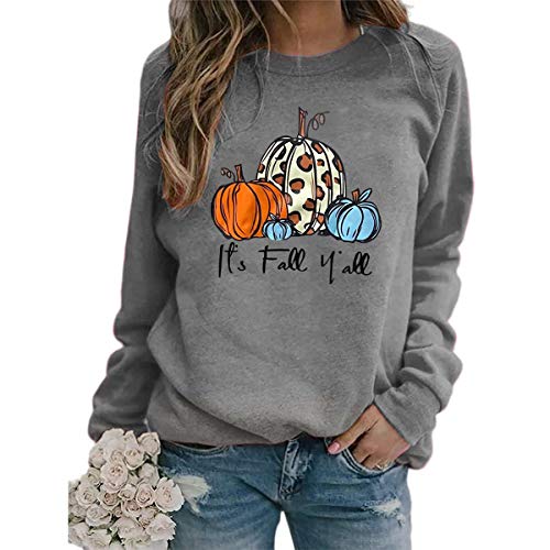 It's Fall Y'all Shirt Sweatshirt Women Halloween Pumpkin Long Sleeve Graphic Funny Tees Thanksgiving Casual Top (Grey, XXL)