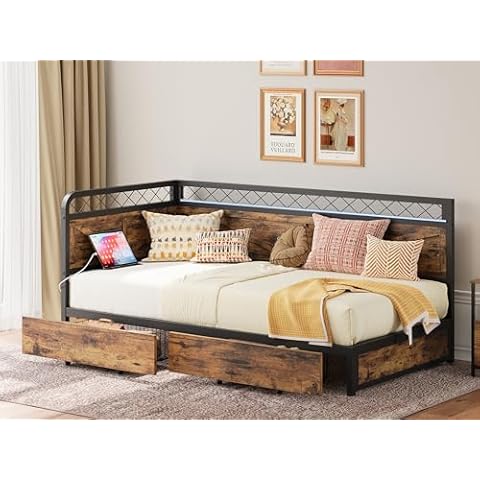 ANCTOR Twin Corner Bed Frame with LED Lights, Daybed with Storage Drawers and Charging Station for Living Room, Bedroom and Guest Room, Industrial Brown Cover