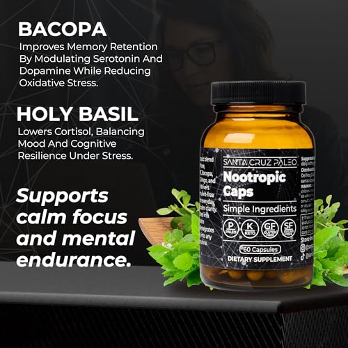 Image of Santa Cruz Paleo Nootropic Capsules - Lions Mane, Alpha GPC, Panax Ginseng & Ginkgo Biloba for Focus, Memory, Mental Clarity & Energy - Keto, Paleo, Gluten Free Brain Supplement, 60 Caps