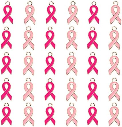 JIHUOO 60 Pcs Breast Cancer Awareness Charms Pink Ribbon Pendants Enamel Dangle Beads for Jewelry Making