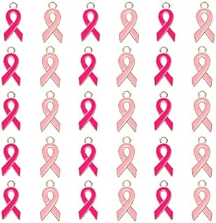 JIHUOO 60 Pcs Breast Cancer Awareness Charms Pink Ribbon Pendants Enamel Dangle Beads for Jewelry Making