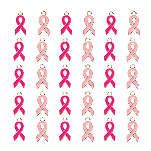UUYYEO 60 Pcs Breast Cancer Awareness Charms Pink Ribbon Pendants Enamel Dangle Beads for Jewelry Making