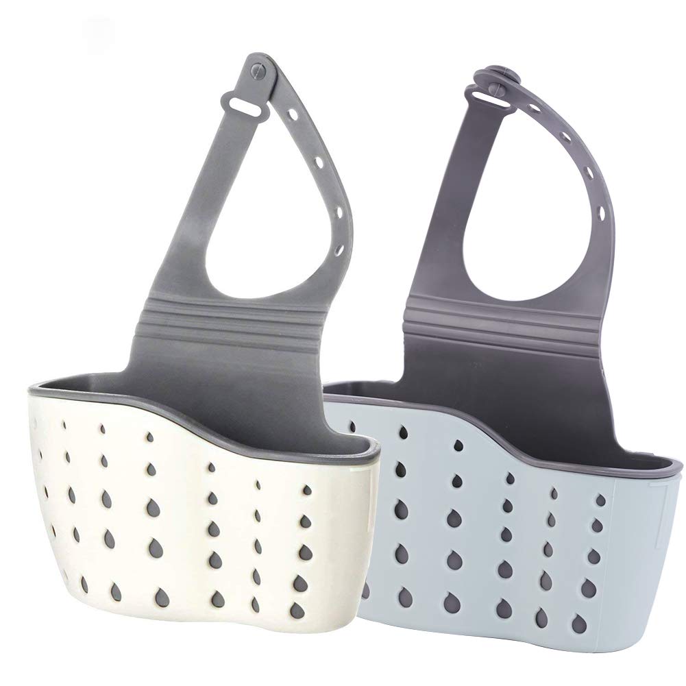 Kitchen Sink Caddy Sponge Holder Silicone Plastic Soap Holder Hanging Ajustable Strap Faucet Caddy with Drain Holes for Drying