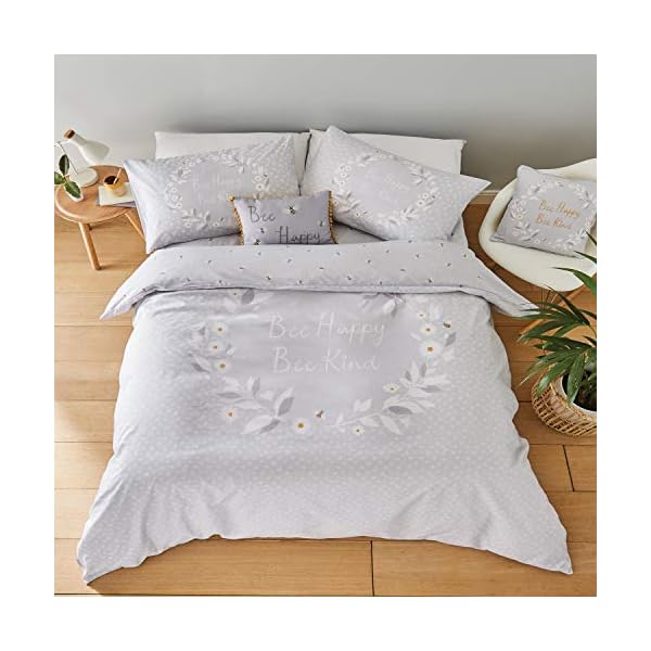 Catherine Lansfield Bee Happy Bettwäsche-Set, 52% Polyester, 48% Baumwolle, grau, Doppelbett