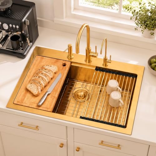 Image of LQS Gold Kitchen Sink 33x22, Gold Drop In Kitchen Sink with 3 Holes, 33 Inch Large Top Mount Stainless Steel Handmade Sturdy 16 Gauge T304 with Abundant Accessories, R10 Round Corner