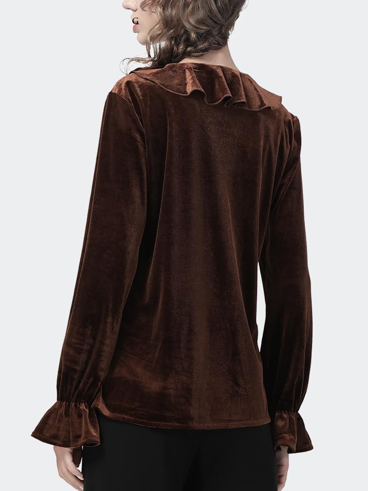 Blusa de Terciopelo con Volantes y Cuello en V de Estilo francés para Mujer, Camisas holgadas Marrones para Mujer, Camisas Elegantes para otoño e Invierno, Top Elegante (marrón M)