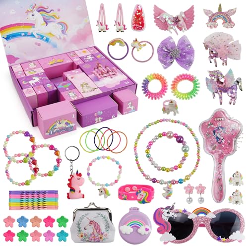 Advent Calendar 2024 for Girls, Christmas Countdown Calendar, 24 Days Surprise Xmas Unicorn Gift Box, Including Hair Accessories, Jewelry, Glasses, Bracelet, Coin Purse, Christmas Gifts for Girls
