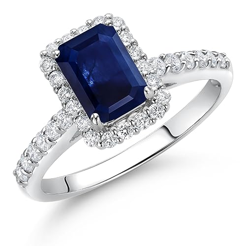 Gem Stone King 10K White Gold Blue Sapphire and White Lab Grown Diamond Halo Engagement Wedding Ring For Women (1.90 Cttw, Emerald Cut 7X5MM, Available In Size 5, 6, 7, 8, 9)2