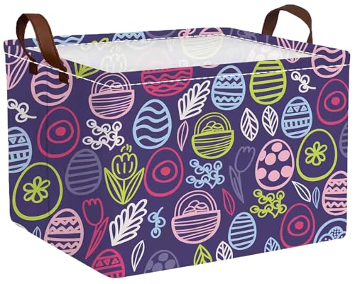 Image of Large Rectangular Easter Baskets Empty Waterproof Boy Toy Box Foldable Kid's Gifts Storage Bin Spring Room Decor(Purple Striped Egg)