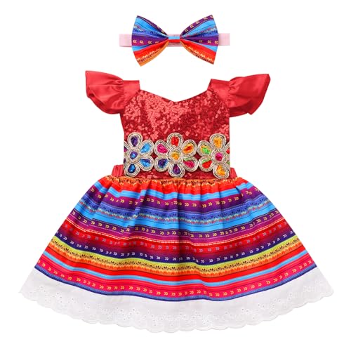 IDOPIP Toddler Baby Girls Mexican Dress Sequin Striped Princess Birthday Party Dresses with Headband 2PCS First Cinco de Mayo Party Ruffle Backless Playwear Sundress Outfit Clothes Red 12-18 Months