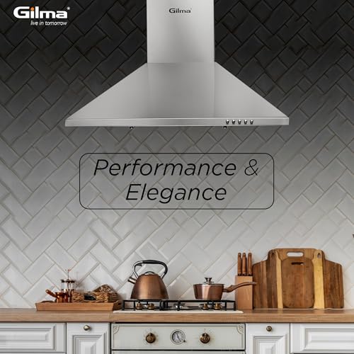 Image of Gilma 60 cm Baffle Filter Chimney | Silver Steel | Push Button Control | 3 Speed | LED | Lifetime on Motor, 2 Yrs Comprehensive Warranty by Gilma | Eva 60