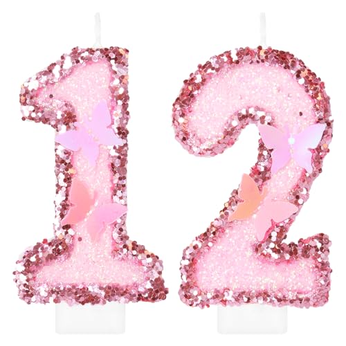 Bougie chiffre 12 papillon rose pour gâteau d'anniversaire fille