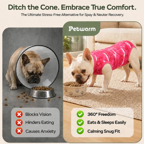 Image of PetWarm Dog Recovery Suit, Anti-Licking Pet Surgical Recovery Onesies Suit Surgery Suit for Dogs, Professional Pet Recovery Shirt Dog Abdominal Wounds Bandages, Camouflage Pattern, Pink, L