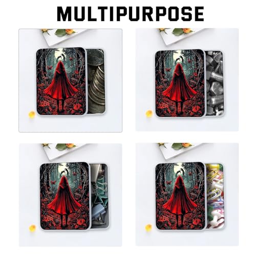 Image of Metal Tin Box with Lid,Multi-functional Storage Box Can Store Tea Biscuits Game Cards, Playing & Tarot Cards-Comes with 4 Magnetic Cord Clips,Red Hood in Forest