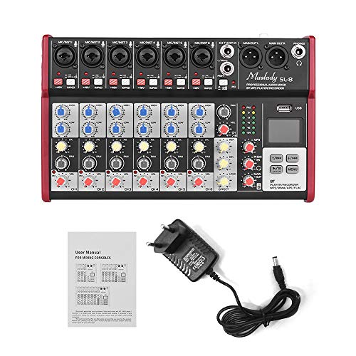 Muslady SL-8 Mezclador de Consola Mezcladora Portátil de 8 canales Ecualizador de 2 bandas Incorporado 48V Alimentación Fantasma Compatible con Conexión BT Reproductor de MP3 USB