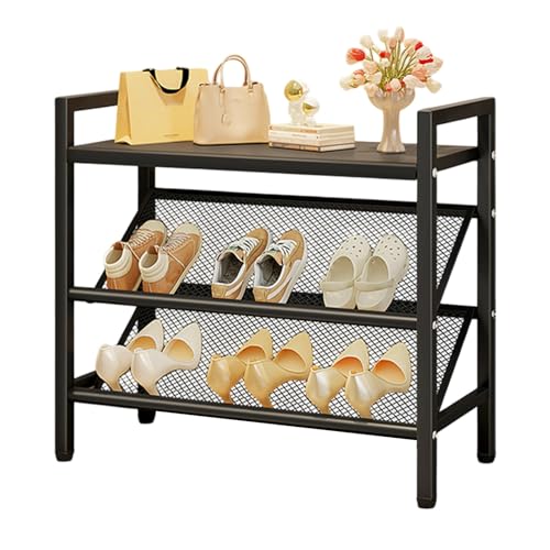 Zapatero de metal estrecho con diseño moderno inclinado con estante superior que ahorra espacio para detrás de puertas, pasillos, armarios y dormitorios (negro, 50 cm x 19 cm x alto)