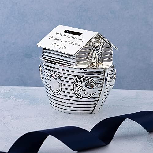 Personalised Silver Noah's Ark Money Box/Bank for Births,Christening,Baptism,Holy Communion - Enter Your Custom Text