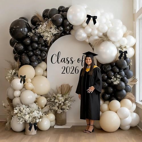 Image of Black White Balloon Arch, Double Stuffed Pearl White Black Bow Balloon Garland Cream Ivory Sand Latex Balloons for Birthday Wedding Bridal Shower Engagement New Year Party Decorations