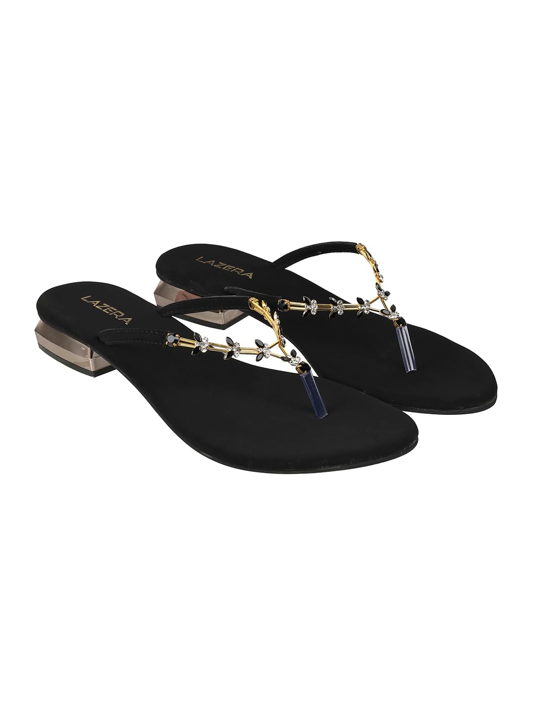 Lazera Women’s Black Flat Sandals with Crystal Embellished Straps Slippers