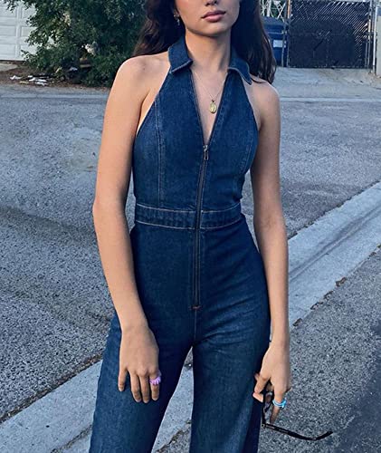 Sematomala Women's Sleeveless Y2K Jean Jumpsuit Flared Leg Pants Romper Halter Tank Top Denim Catsuit Maxi Overall(Be,S) #TOP1