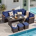 Yalissey 7 Pieces Patio Furniture Sets,Outdoor Furniture Set with Dining Table,Patio Conversation Sets with 3 Ottamans,Thickened Cushions & Pillows for Backyard,Deck,Garden,Brown Rattan,(Blue)