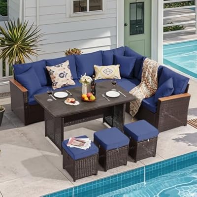 Yalissey 7 Pieces Patio Furniture Sets,Outdoor Furniture Set with Dining Table,Patio Conversation Sets with 3 Ottamans,Thickened Cushions & Pillows for Backyard,Deck,Garden,Brown Rattan,(Blue)
