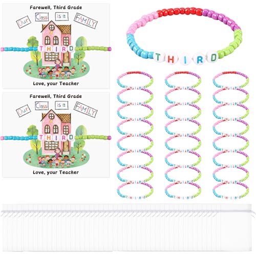 Cunno 24 Sets Third Grade End of Year Student Friendship Bracelets Gifts from Teacher Bulk End of Year Class Graduation Friendship Bracelets Gifts and Our Class Is a Family Greeting Card for School