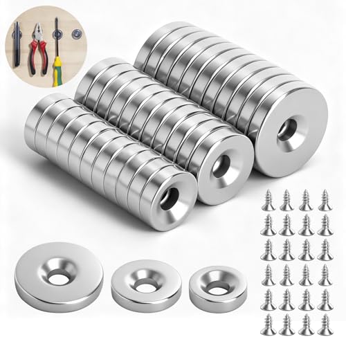 LOLANIUT Kit 36 Pièces, Aimant Neodyme avec Trou Fraisé Ø10/12/15 mm, aimants ronds extrêmement puissants avec Vis M3/M4, Aimant Puissant Antirouille pour Cuisine,...