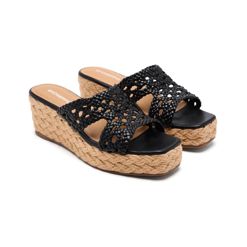 GIOSEPPO Brimfield Jute Leather & Wedge Sandals, Black/White, 6 UK