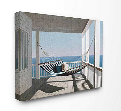 The Stupell Home Decor Blue and White Striped Hammock on The Beach House Porch Canvas Wall Art, 30 x 40, Proudly Made in USA